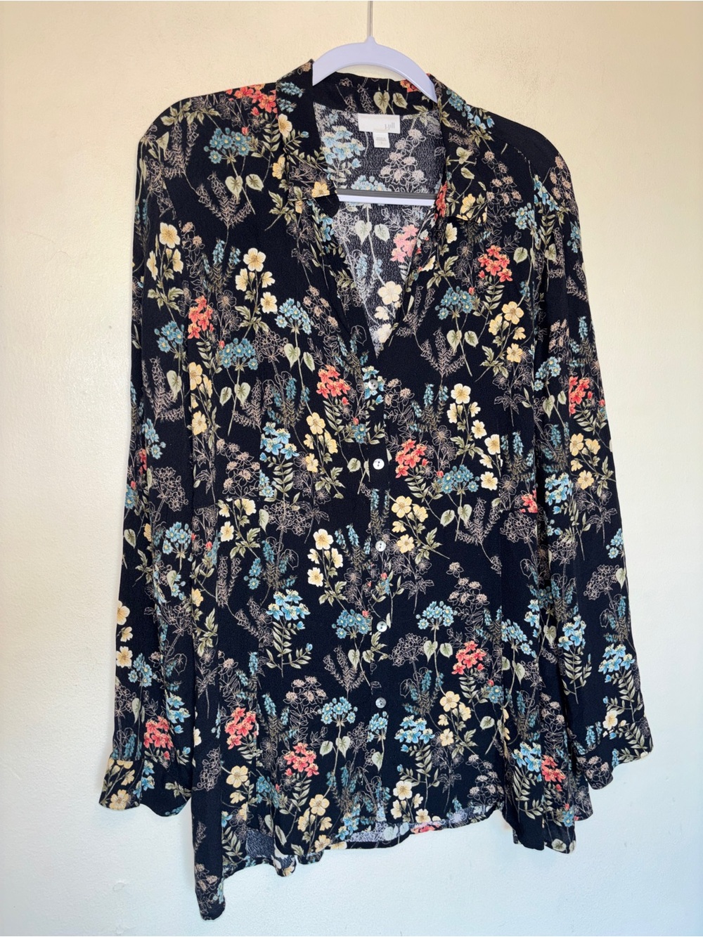 J. Jill Bloom Floral Blouse Sz L Button Cottagecore Lagenlook Casual Goth Office